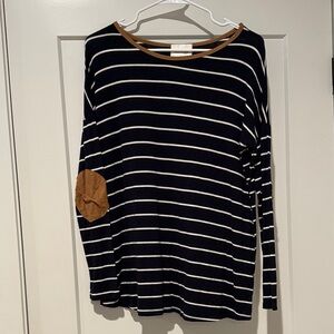 Striped Black and White Blouse with Brown Accents